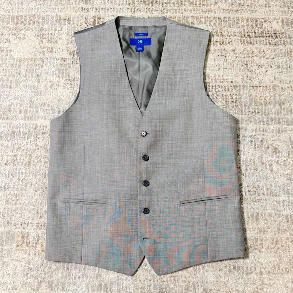 Egara Suit Vest Men L Gray 100% Wool Slim Fit Formal Waistcoat Business Wedding